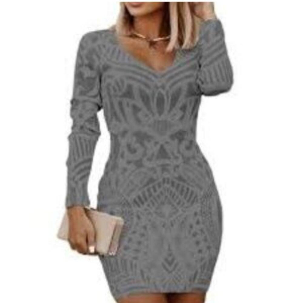 SHEILAY Women's Gray Embroidered Sheer Overlay Midi Dress. Size M